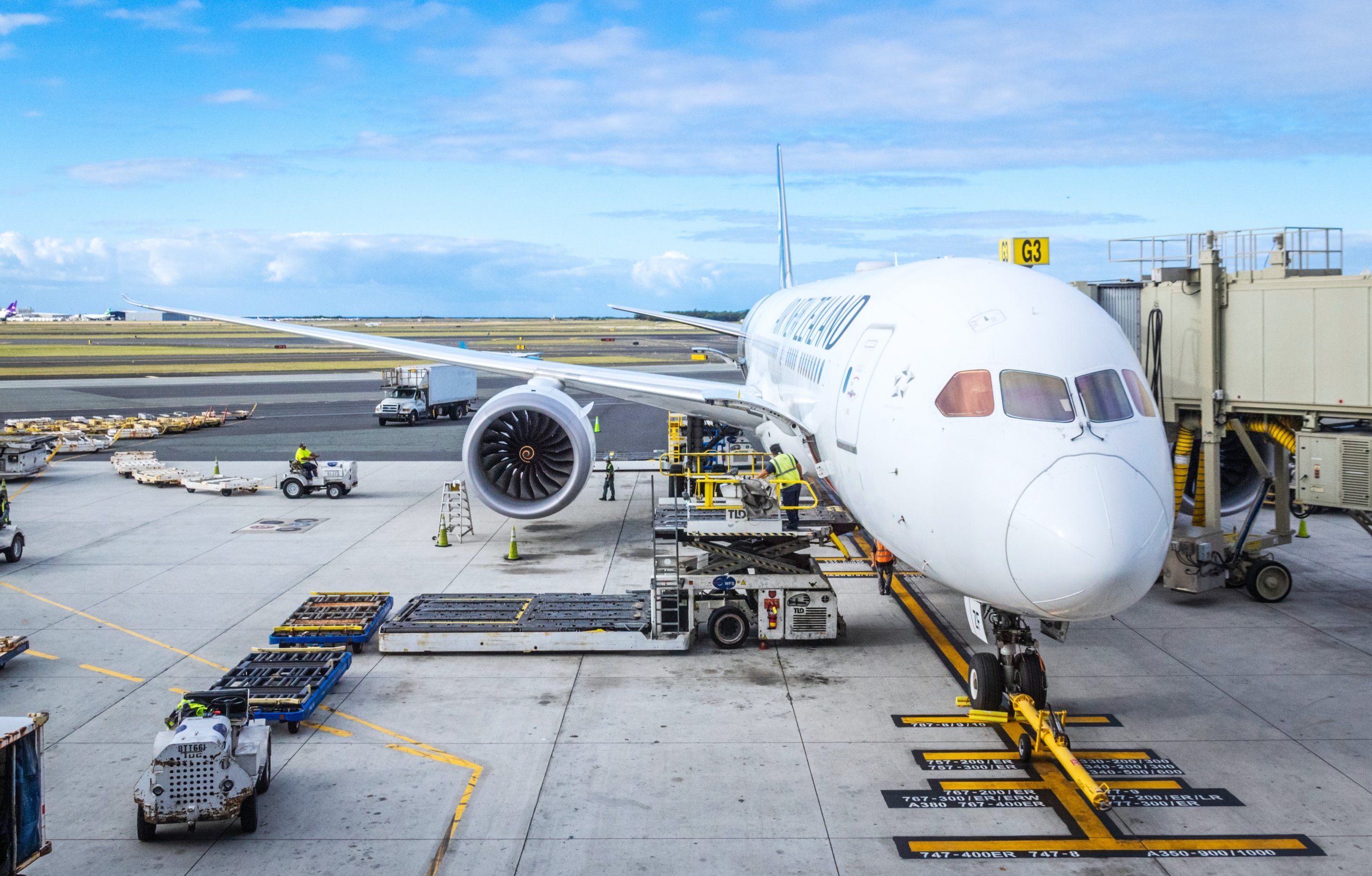 Air New Zealand plane parked at Daniel K. Inouye International Airport after arrival from Auckland.